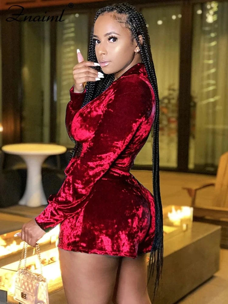 Znaiml Elegant Velvet Shorts Jumpsuit Women Clothing Solid Color Long Sleeve V-Neck Playsuits Sexy Nightclub Bodycon Romper New