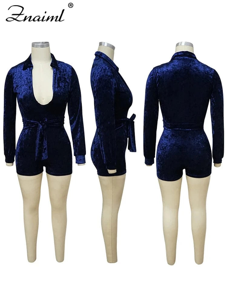 Znaiml Elegant Velvet Shorts Jumpsuit Women Clothing Solid Color Long Sleeve V-Neck Playsuits Sexy Nightclub Bodycon Romper New