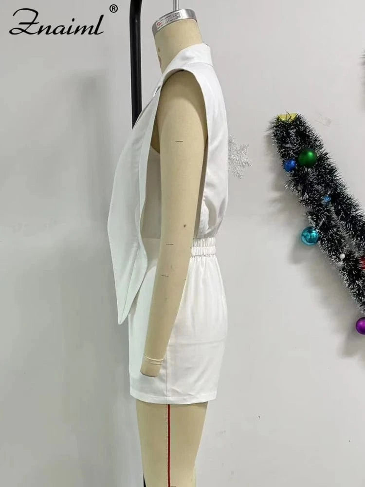 Znaiml Elegant White Patchwork Rompers Playsuits Women Lapel Sleeveless Slim Shorts Jumpsuits Hollow Button Birthday Overalls