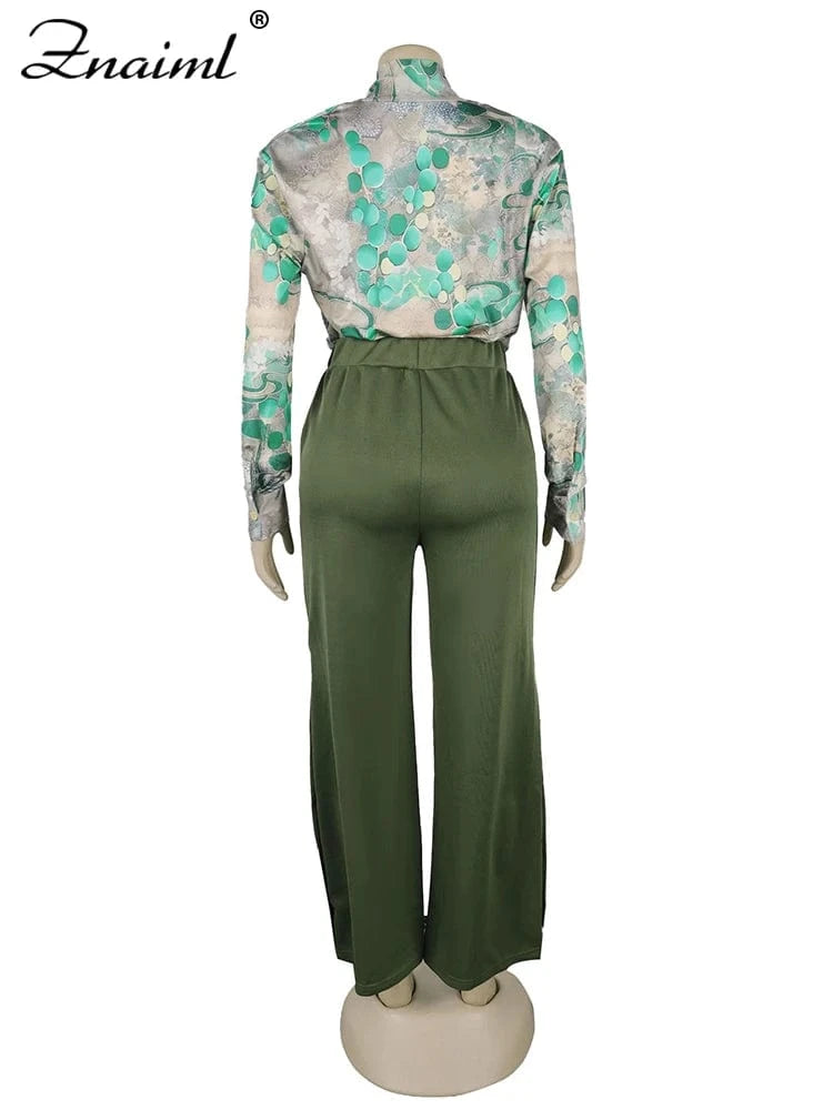 Znaiml Elegant Women's Pants Set Long Sleeve Print Shirt and Wide Leg Pant Autumn Two 2 Piece Sets Streetwear 2PC OL Outfits New