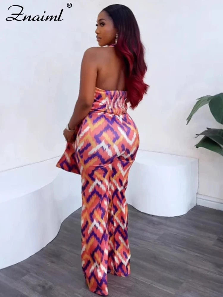 Znaiml Elegant Women Summer Beach Boho Vacation Jumpsuits Printing Halter Sleeveless Backless One Piece Rompers Wide Leg Pants