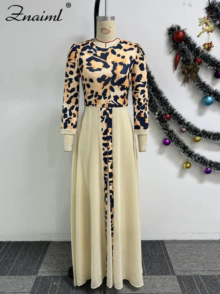 Znaiml Fashion Dashiki Ladies Traditional African Clothing Women Elegant Leopard Print Long Sleeve Front Split Dresses Birthday