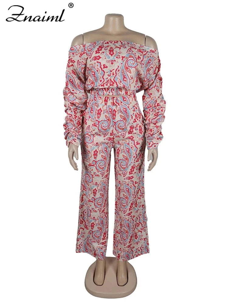 Znaiml Fashion Print 2 Pieces Pants Women's Sets Summer Off Shoulder Long Sleeve Crop Top and Wide Leg Trousers Suits Tracksuit