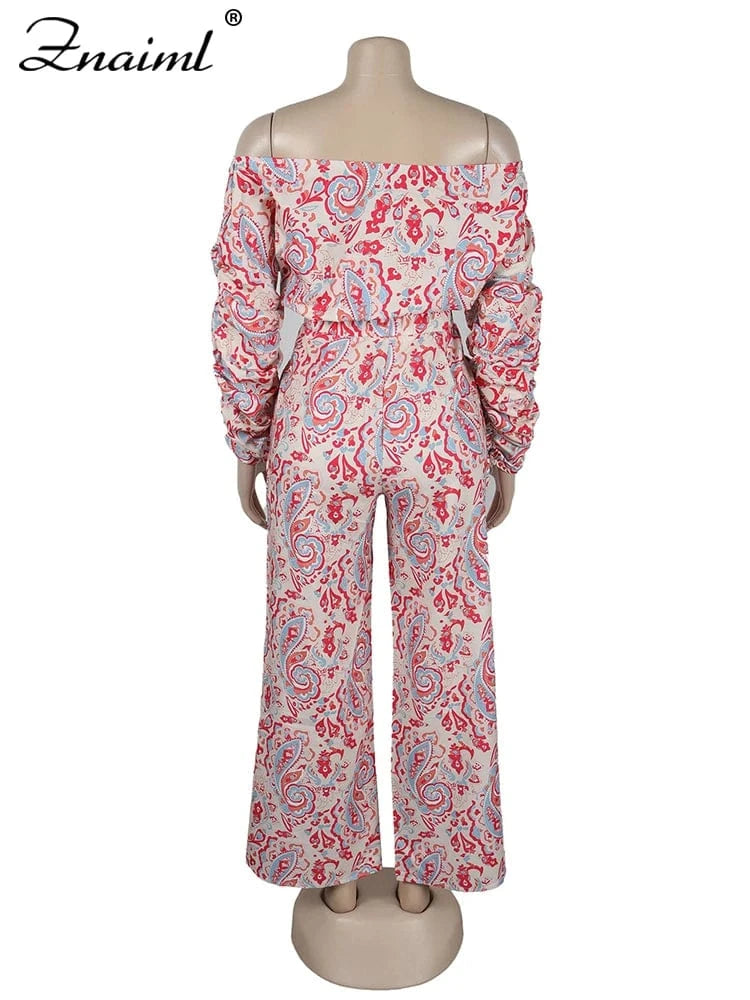 Znaiml Fashion Print 2 Pieces Pants Women's Sets Summer Off Shoulder Long Sleeve Crop Top and Wide Leg Trousers Suits Tracksuit