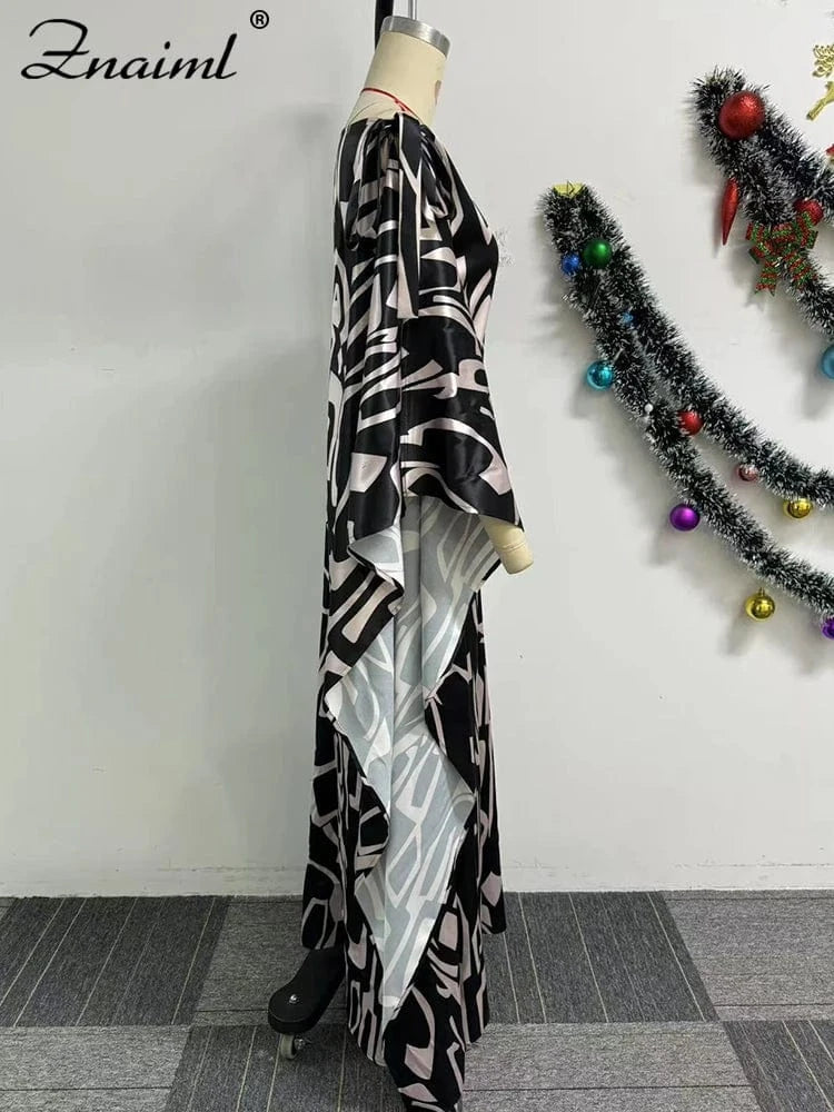 Znaiml Fashion Print Skew Collar Loose Black Maxi Dress for Women Elegant Spring Dashiki Muslim African Club Party Vestidos 2025