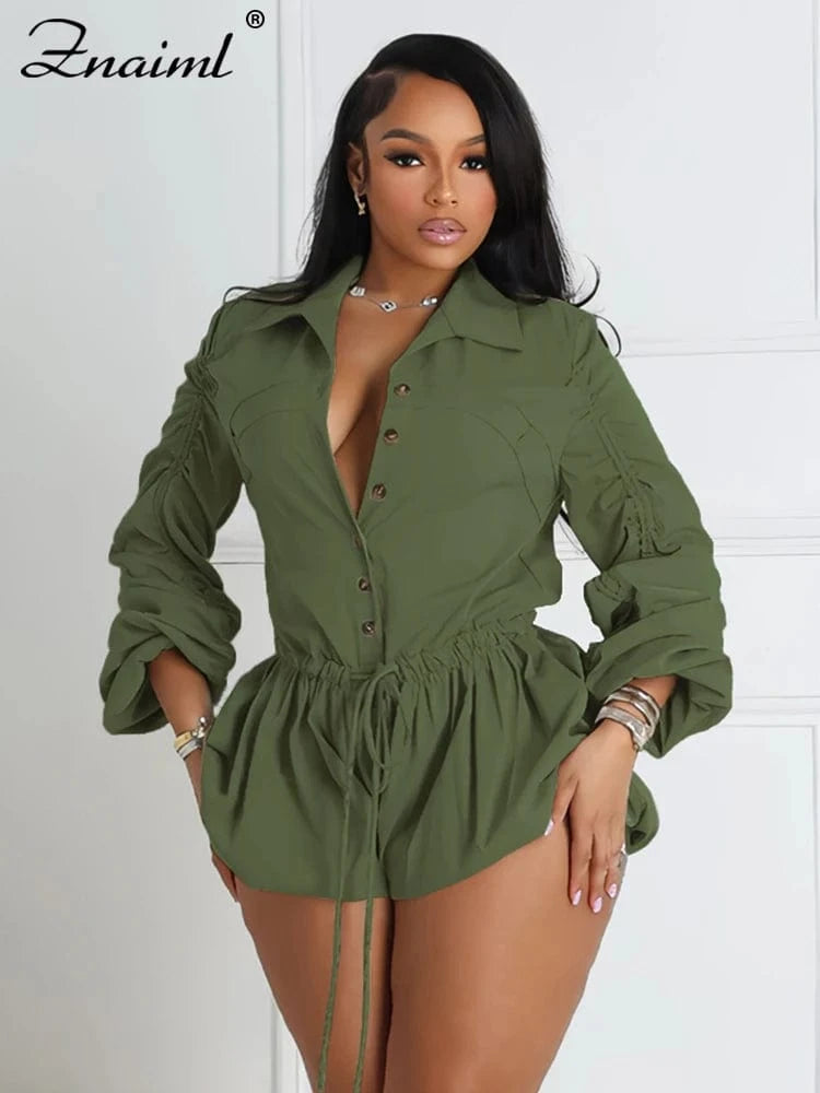 Znaiml Fashion Rompers Cargo Pants Playsuits Women Gray Turn Down Collar Long Sleeve Single Breasted Shorts Jumpsuits Streetwear