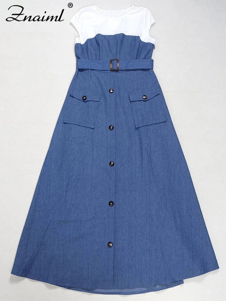 Znaiml Fashion Short Sleeve Pocket White Blue Denim Patchwork A-Line Dresses with Belt Woman Summer Elegant Bodycon Jean Dress