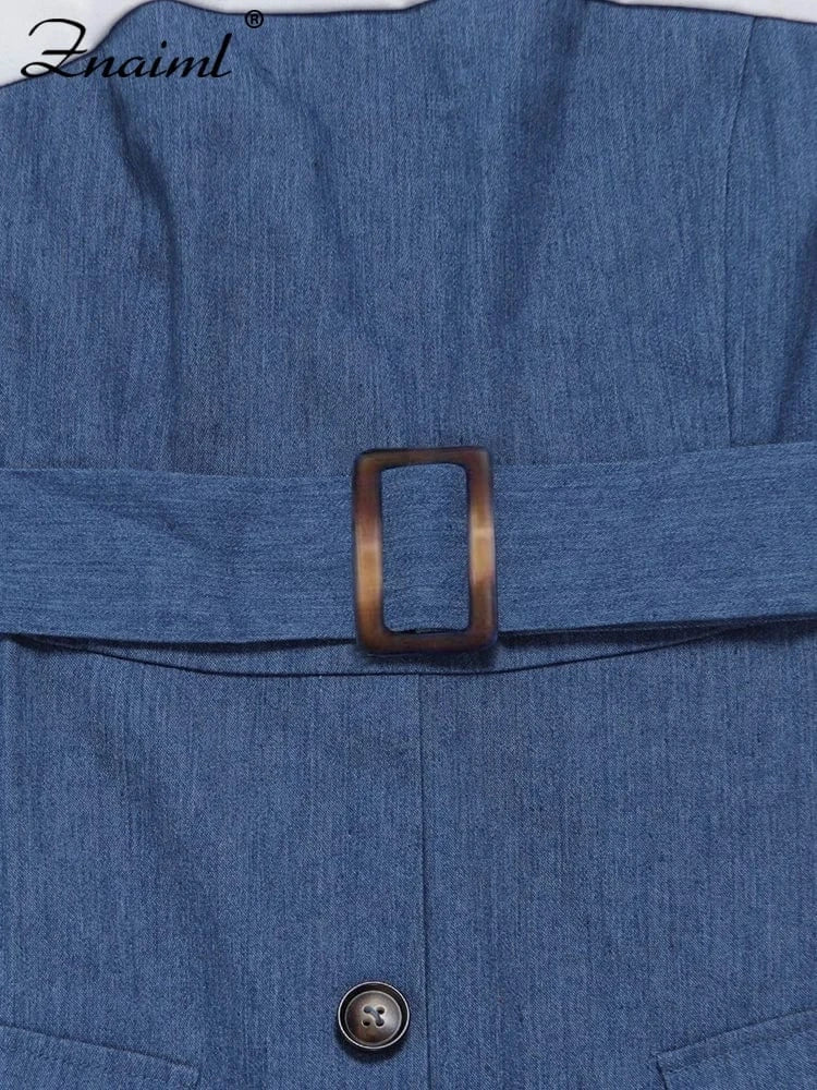 Znaiml Fashion Short Sleeve Pocket White Blue Denim Patchwork A-Line Dresses with Belt Woman Summer Elegant Bodycon Jean Dress
