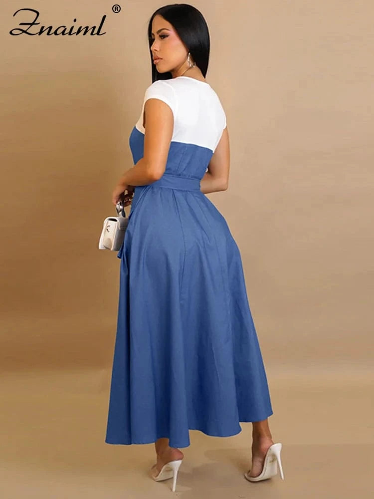 Znaiml Fashion Short Sleeve Pocket White Blue Denim Patchwork A-Line Dresses with Belt Woman Summer Elegant Bodycon Jean Dress