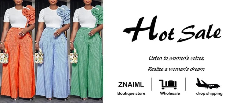 Znaiml Fashion Stripe Print 3D Flower Ruffles Sleeve Shirts Top and Wide Leg Pants Two 2 Piece Women‘s Sets Streetwear Outfits
