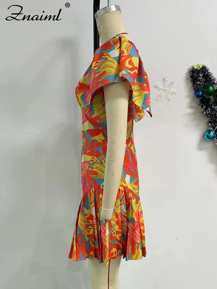 Znaiml Fashion Summer Playsuit Low Cut Short Sleeve Pleated Ruffles Printing Playsuit Women Boho African Orange Short Jumpsuit