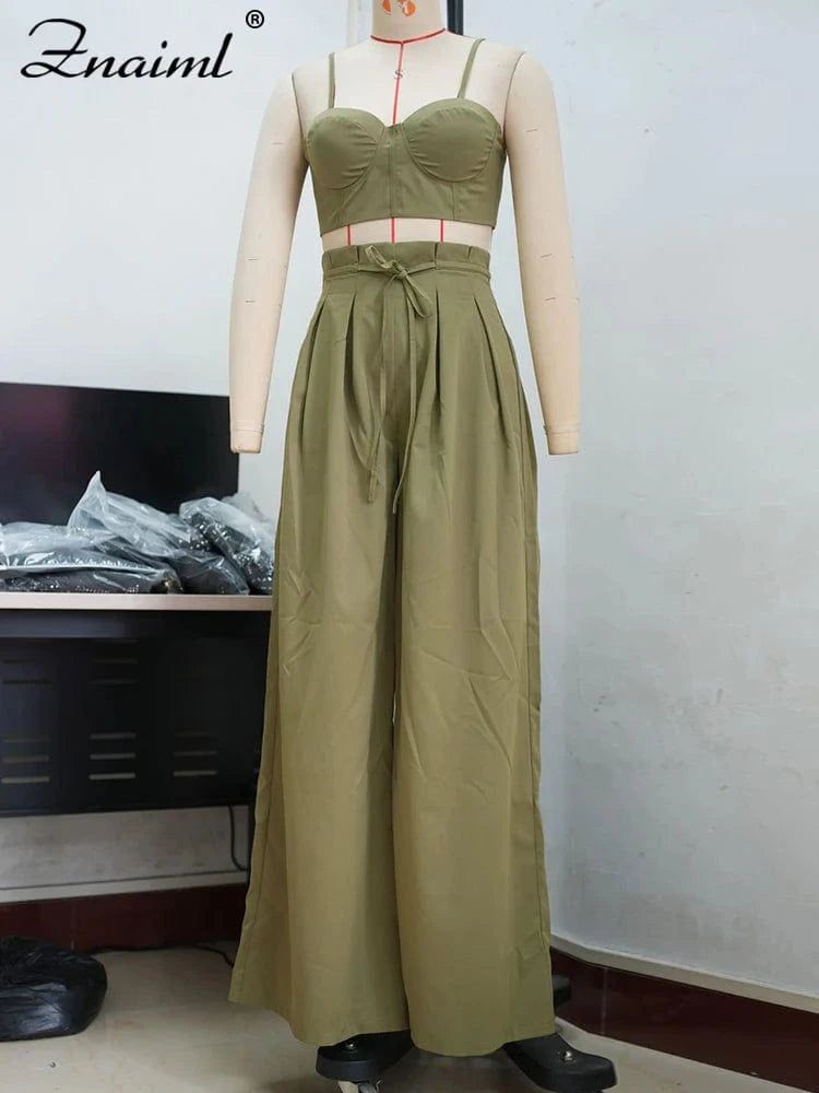 Znaiml Fashion Two 2 Piece Pants Sets Women Clothing Strap Sleeveless Top and Wide-leg Pants Elegant Streetwear Matching Suit