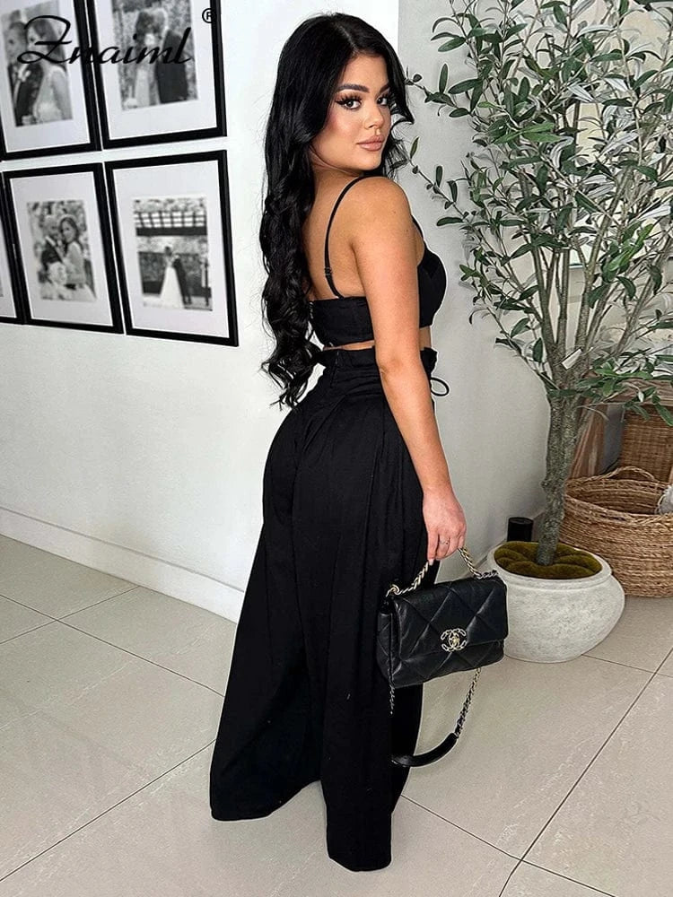 Znaiml Fashion Two 2 Piece Pants Sets Women Clothing Strap Sleeveless Top and Wide-leg Pants Elegant Streetwear Matching Suit