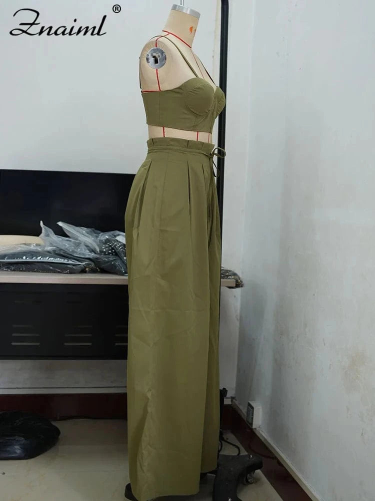Znaiml Fashion Two 2 Piece Pants Sets Women Clothing Strap Sleeveless Top and Wide-leg Pants Elegant Streetwear Matching Suit