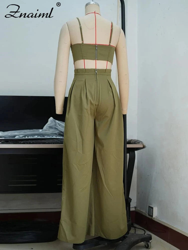 Znaiml Fashion Two 2 Piece Pants Sets Women Clothing Strap Sleeveless Top and Wide-leg Pants Elegant Streetwear Matching Suit