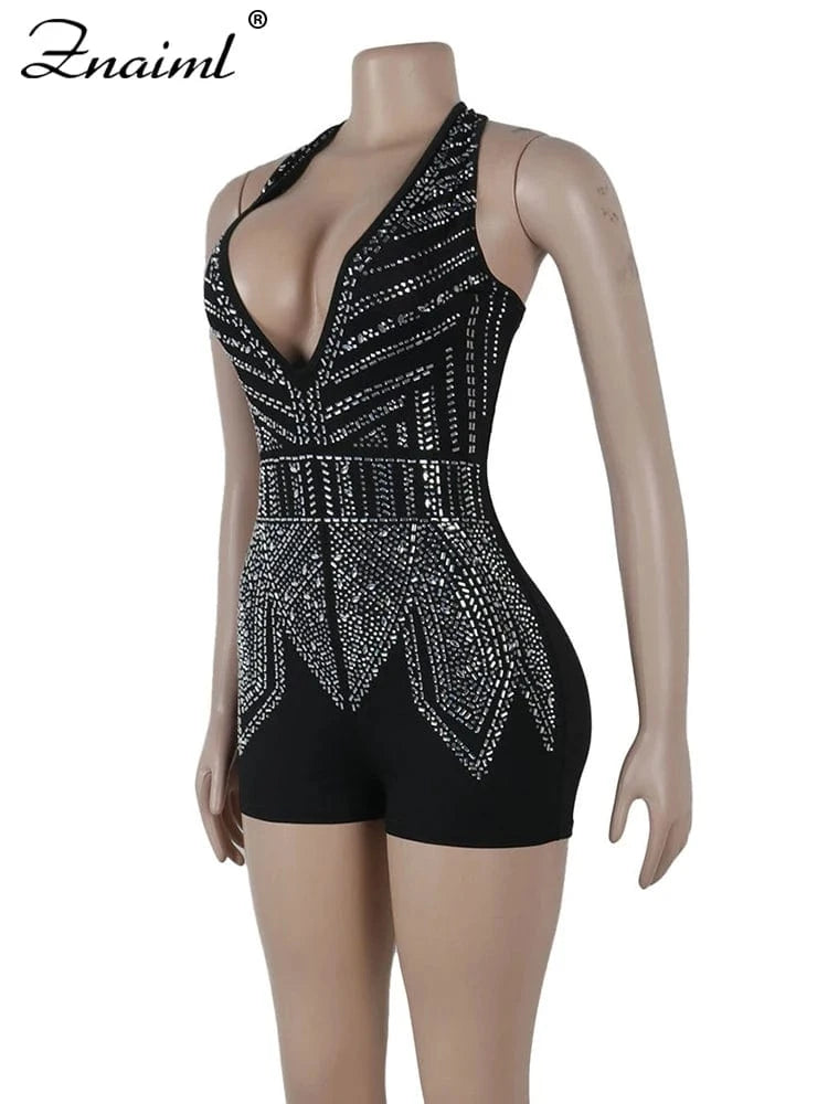 Znaiml Gorgeous Deep V Neck Rhinestone Halter Bandage Playsuits Women Crystal Short Jumpsuits Rompers Night Club Birthday Party
