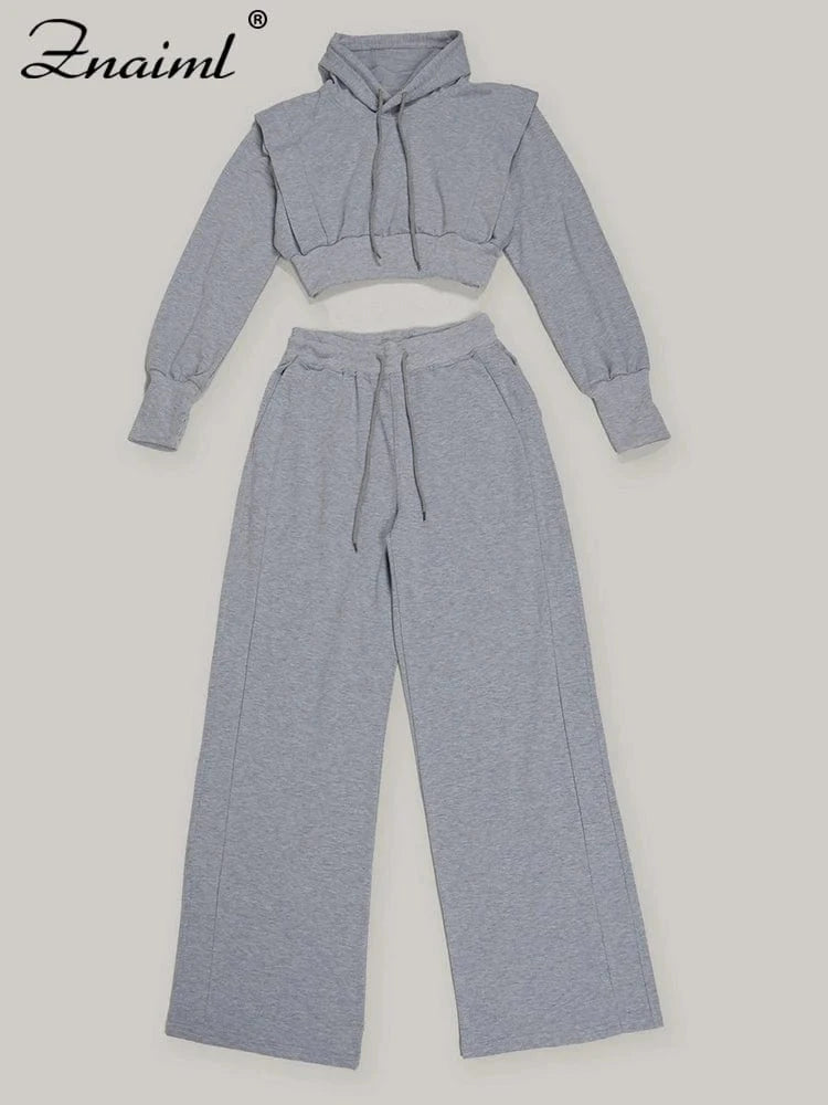Znaiml Gray Outfit Women Sport Two 2 Piece Winter Sweatshirt Hoodies Tops and Wide Leg Pants Tracksuit Streetwear Sportsuit 2025