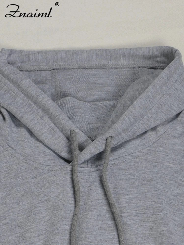 Znaiml Gray Outfit Women Sport Two 2 Piece Winter Sweatshirt Hoodies Tops and Wide Leg Pants Tracksuit Streetwear Sportsuit 2025