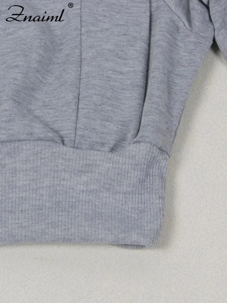 Znaiml Gray Outfit Women Sport Two 2 Piece Winter Sweatshirt Hoodies Tops and Wide Leg Pants Tracksuit Streetwear Sportsuit 2025