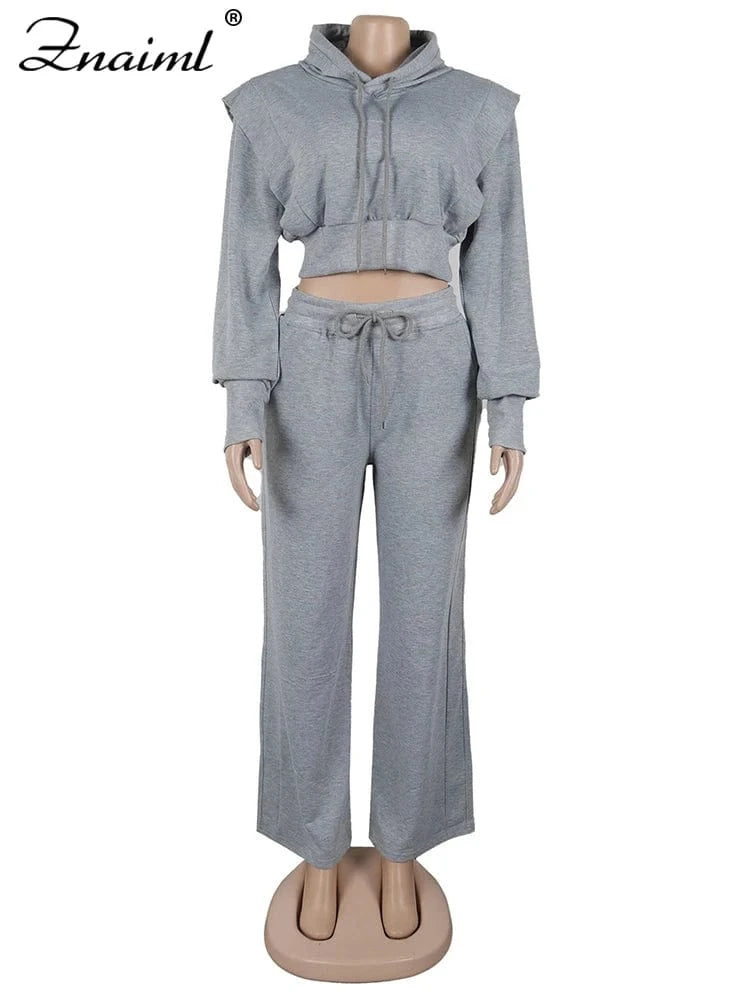 Znaiml Gray Outfit Women Sport Two 2 Piece Winter Sweatshirt Hoodies Tops and Wide Leg Pants Tracksuit Streetwear Sportsuit 2025