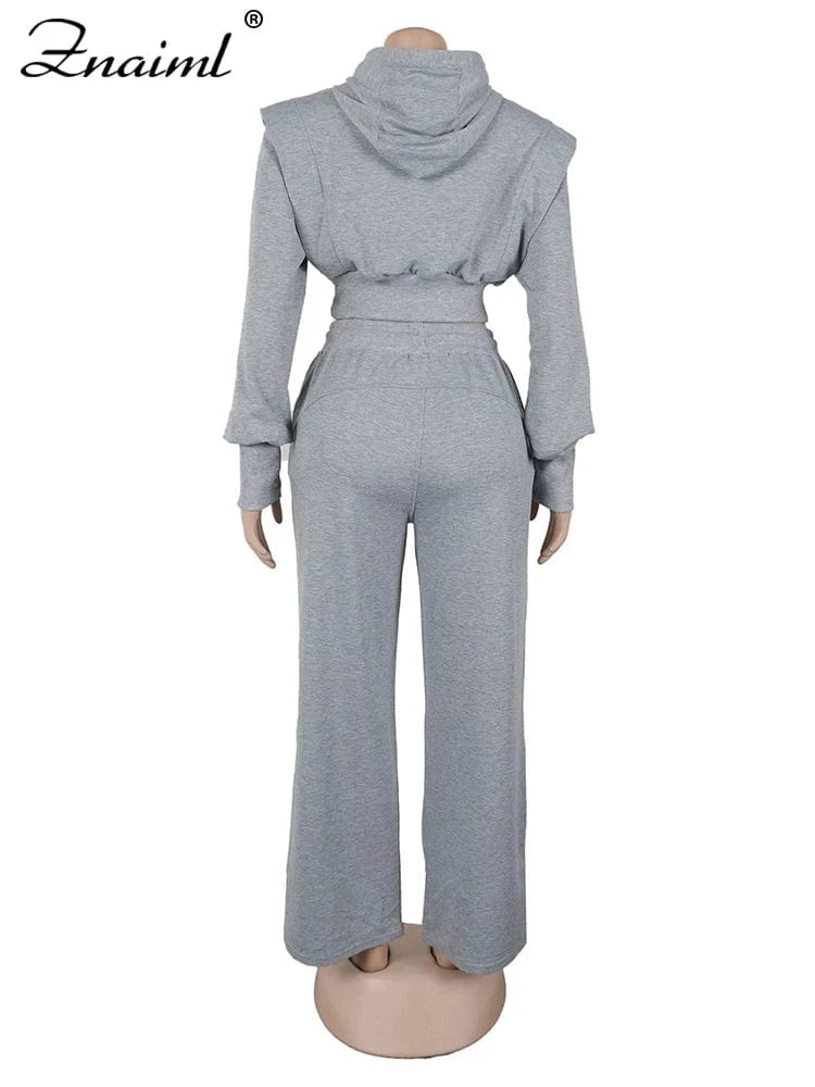 Znaiml Gray Outfit Women Sport Two 2 Piece Winter Sweatshirt Hoodies Tops and Wide Leg Pants Tracksuit Streetwear Sportsuit 2025