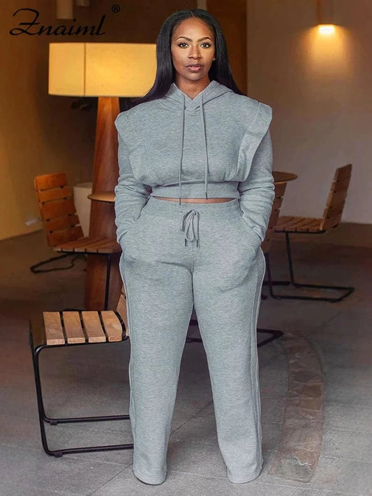 Znaiml Gray Outfit Women Sport Two 2 Piece Winter Sweatshirt Hoodies Tops and Wide Leg Pants Tracksuit Streetwear Sportsuit 2025