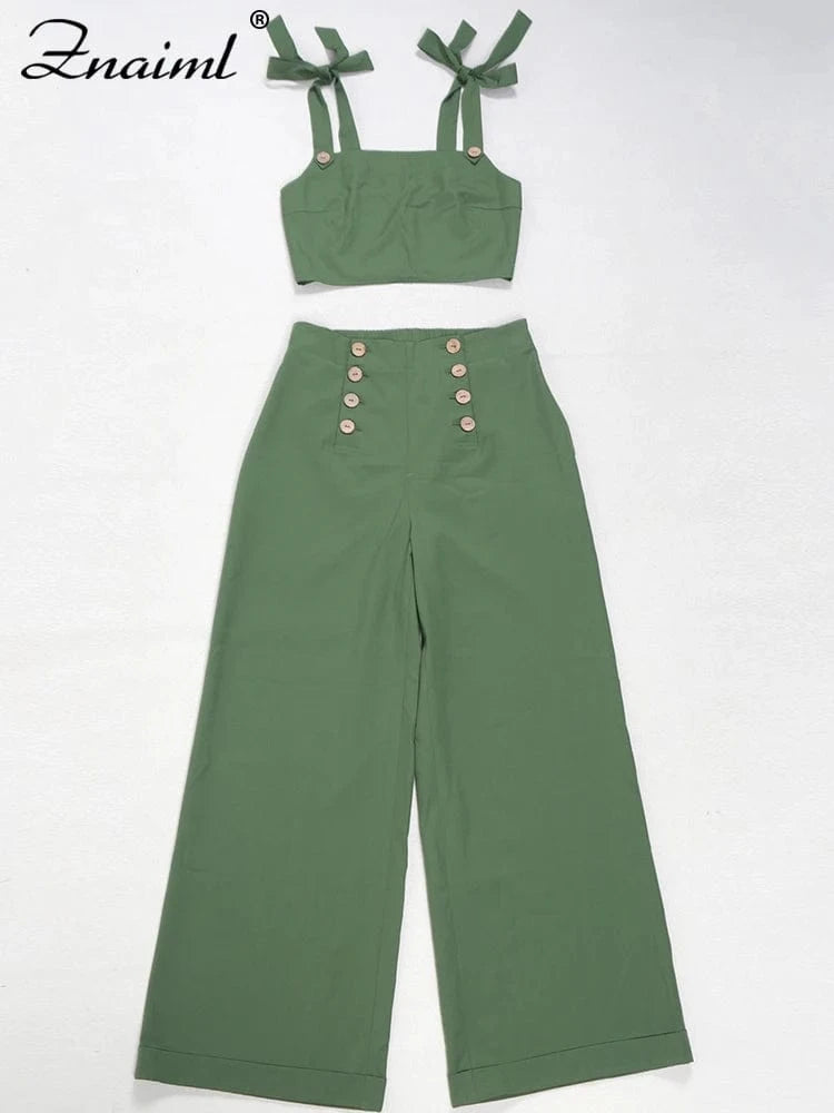 Znaiml Green Tie Shoulder Ruched Wide Strap Slim Fit Crop Top and Wide Leg Pant 2 Pieces Women Summer Streetwear Matching Sets