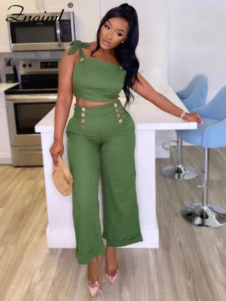 Znaiml Green Tie Shoulder Ruched Wide Strap Slim Fit Crop Top and Wide Leg Pant 2 Pieces Women Summer Streetwear Matching Sets
