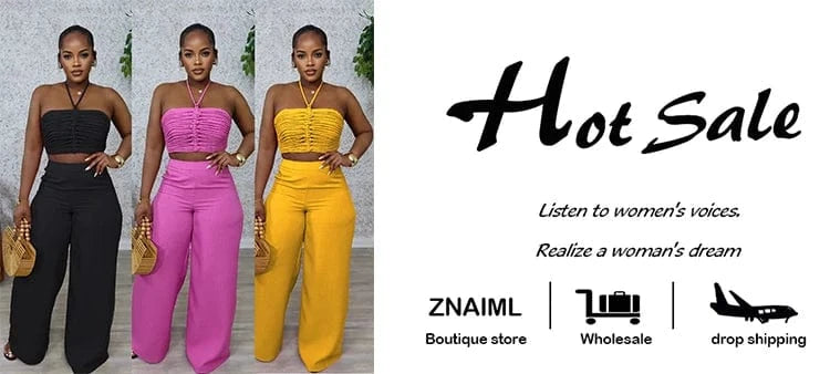 Znaiml Halter Sleeveless Ruched Crop Top and Wide Leg Pants 2 Piece Sets Woman Summer Sexy Beach Paarty Night Club Outfit 2025