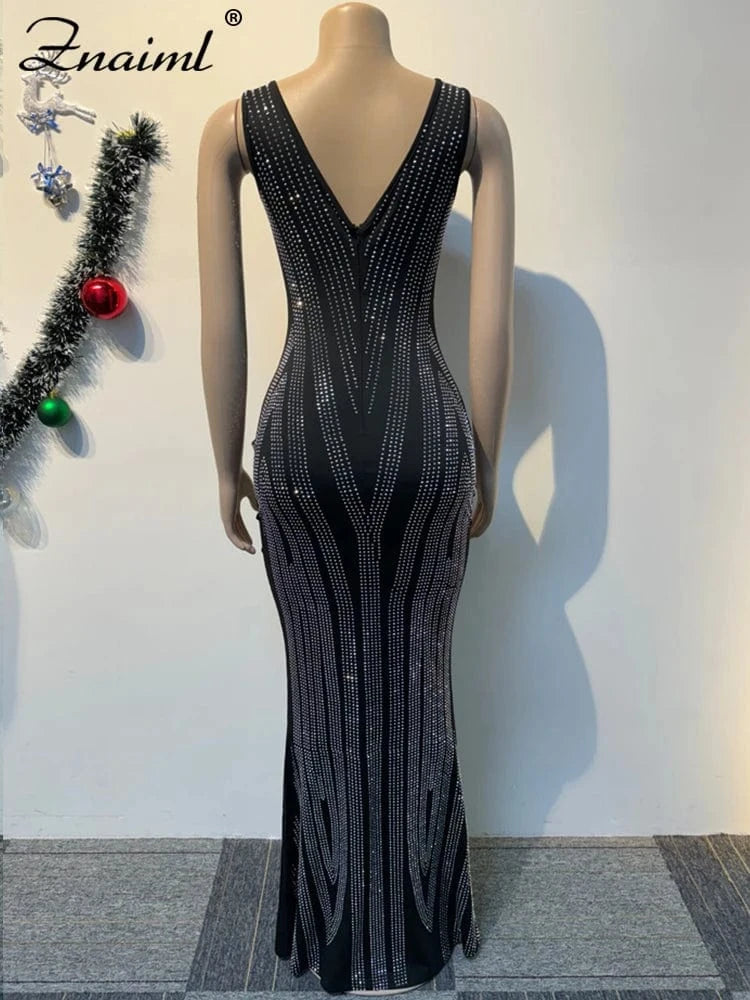 Znaiml Luxury Black Evening Party Dresses Sexy Festival Show Birthday Special Ocassion Women Rhinestone Sleeveless Slim Vestidos