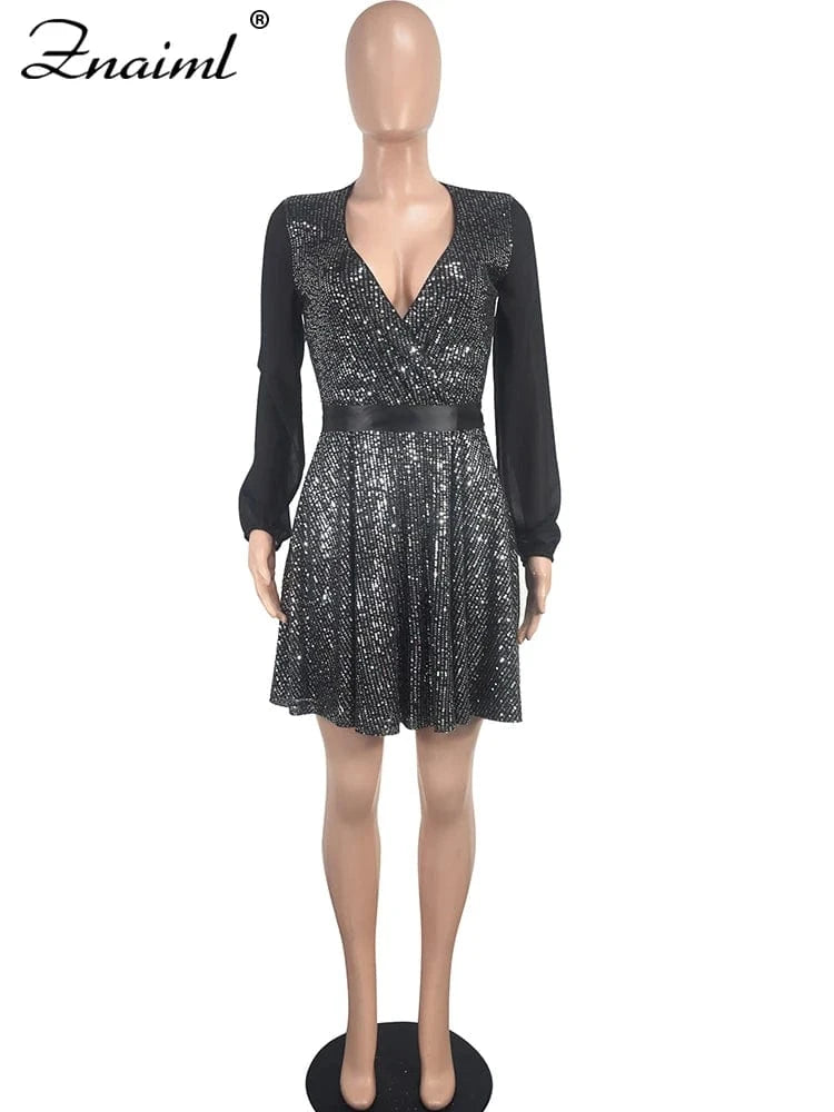 Znaiml Luxury Black Sequin Mesh Patchwork Long Sleeve V-Neck Loose Short Dress Elegant Birthday Party Women Clothing Clubwear