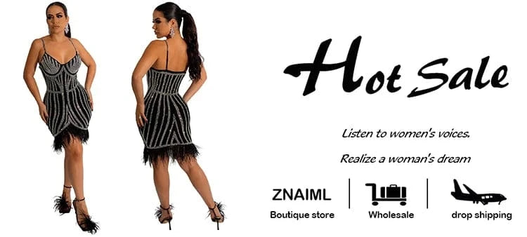 Znaiml Luxury Party Club Prom Mini Dress Women Sexy Rhinestones Black Feather Tassel Hem Spaghetti Strap Bodycon Birthday Robe