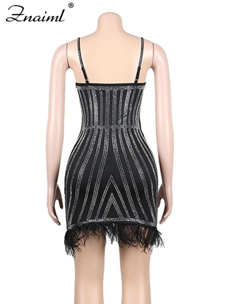 Znaiml Luxury Party Club Prom Mini Dress Women Sexy Rhinestones Black Feather Tassel Hem Spaghetti Strap Bodycon Birthday Robe