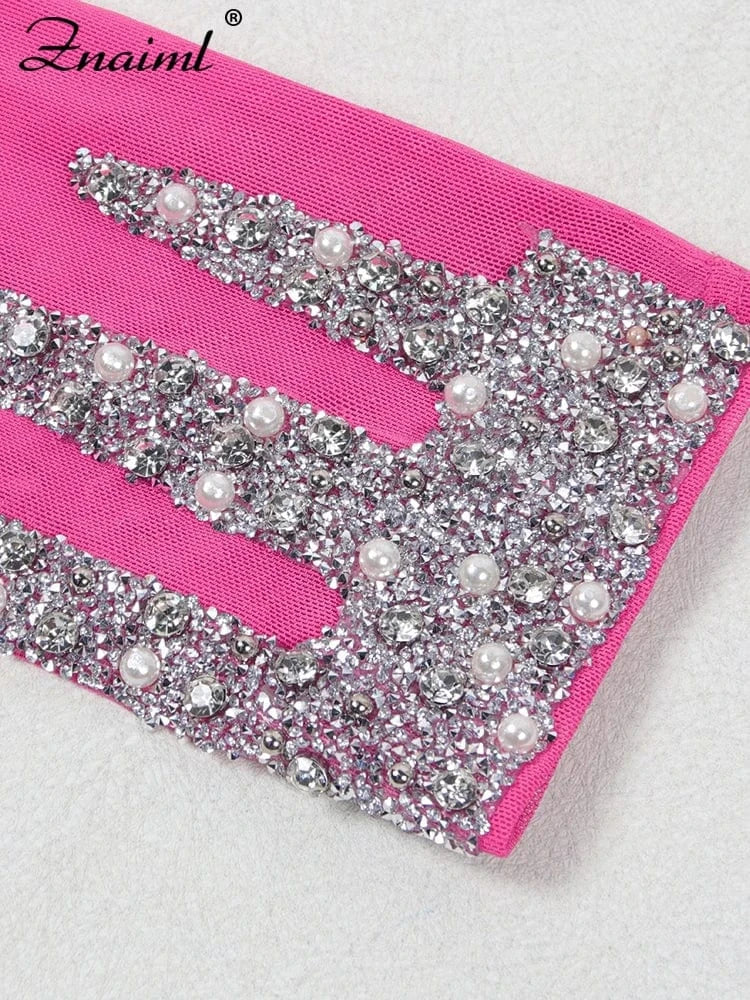 Znaiml Luxury Rhinestones Mesh Patchwork O-neck Pink Dress Women Sleeve Long High Split Birthday Party Evening Night Club Robe