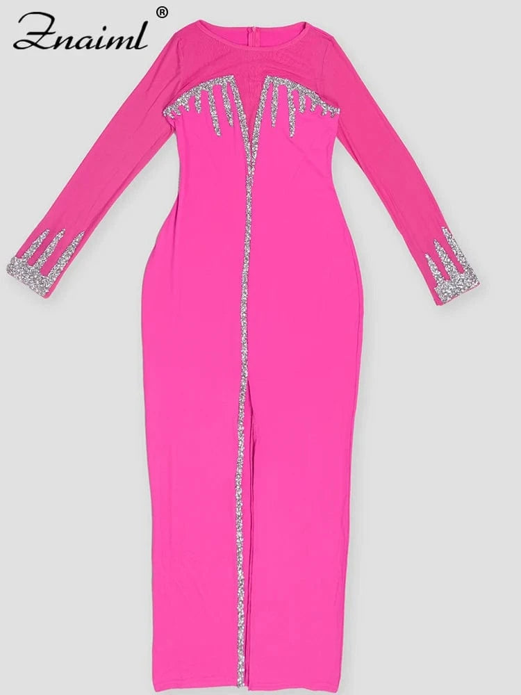 Znaiml Luxury Rhinestones Mesh Patchwork O-neck Pink Dress Women Sleeve Long High Split Birthday Party Evening Night Club Robe