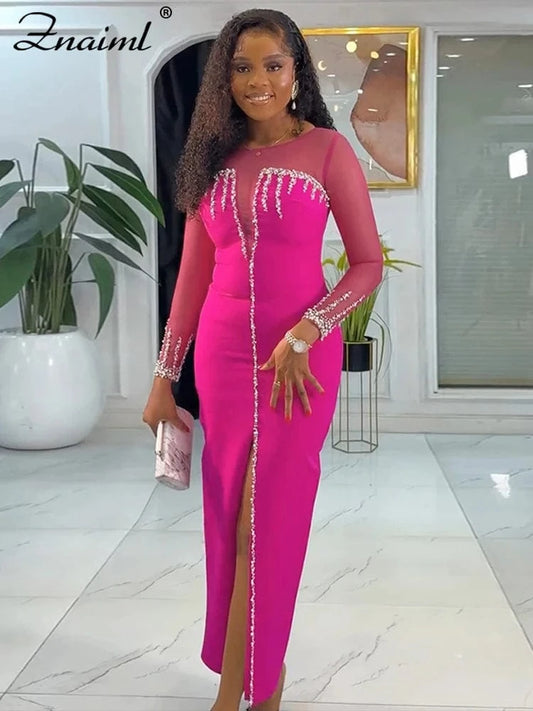 Znaiml Luxury Rhinestones Mesh Patchwork O-neck Pink Dress Women Sleeve Long High Split Birthday Party Evening Night Club Robe