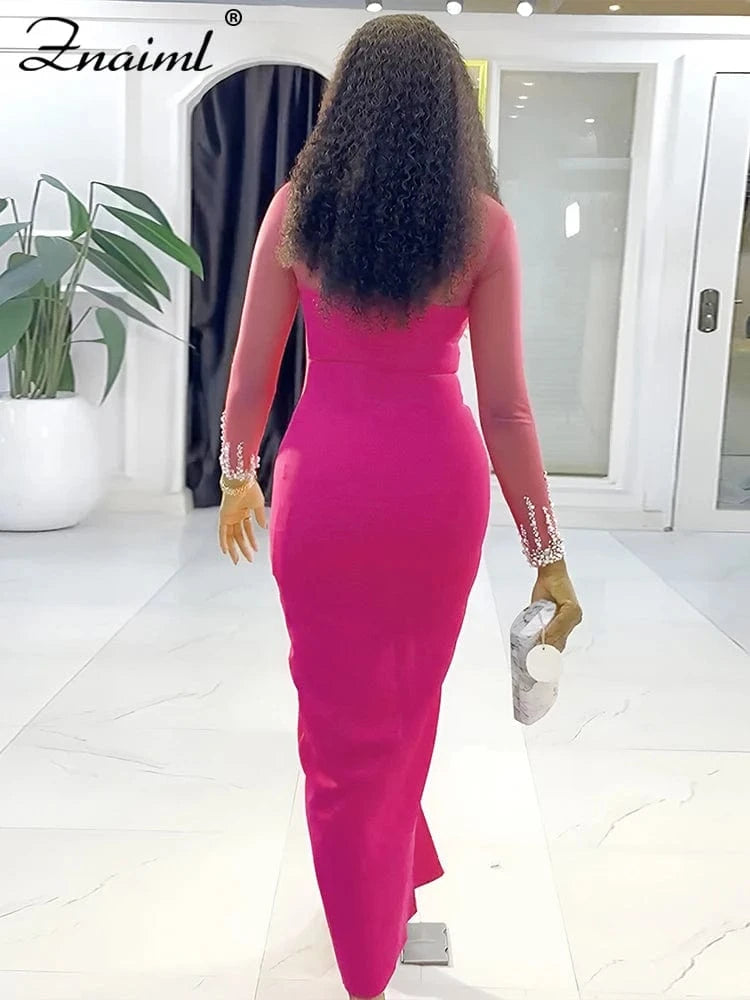 Znaiml Luxury Rhinestones Mesh Patchwork O-neck Pink Dress Women Sleeve Long High Split Birthday Party Evening Night Club Robe