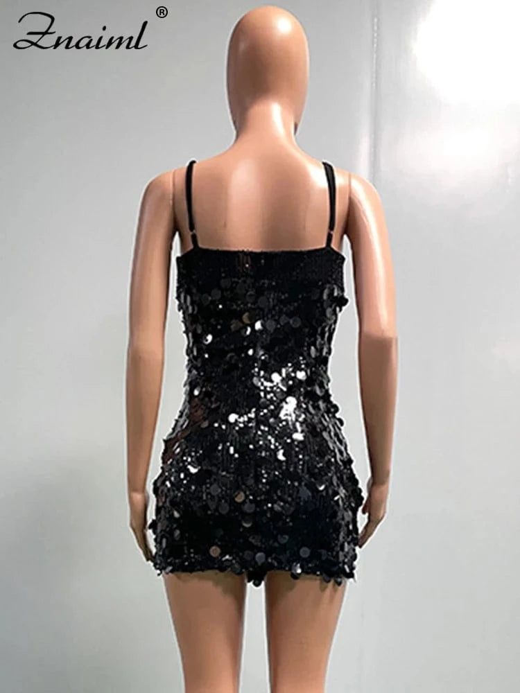 Znaiml Luxury Sequins Glitter Evening Party Mini Dress Women Sleeveless Backless Sexy Night Club Vestidos Birthday Hot Girls