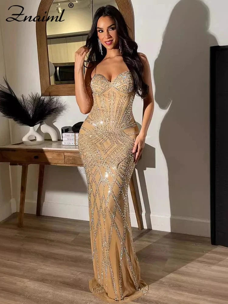 Znaiml Luxury Women Celebrity Spaghetti Strap Sleeveless Prom Formal Mermaid Maxi Dress Sexy Sparkly Rhinestone Birthday Vestido