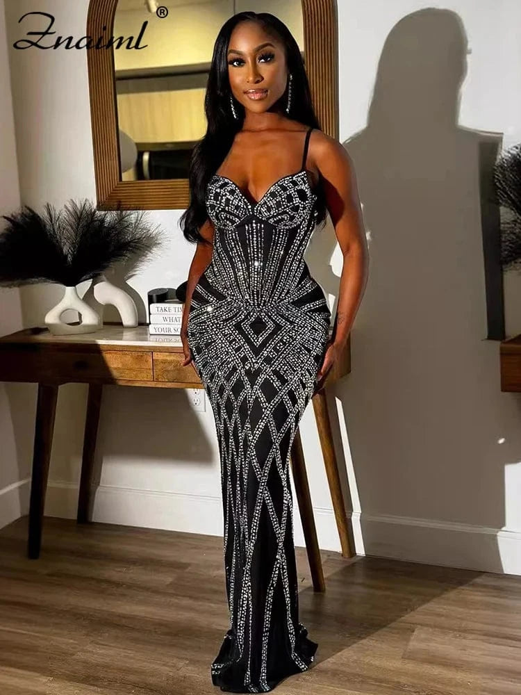 Znaiml Luxury Women Celebrity Spaghetti Strap Sleeveless Prom Formal Mermaid Maxi Dress Sexy Sparkly Rhinestone Birthday Vestido