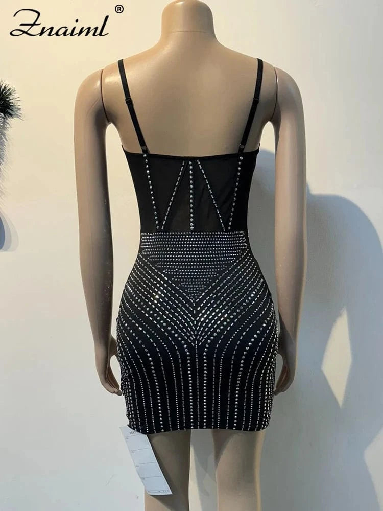 Znaiml Luxury Women Red Mesh See Though Diamonds Spaghetti Strap Sleeveless Bodycon Mini Dress Sexy Birthday Night Club Vestidos