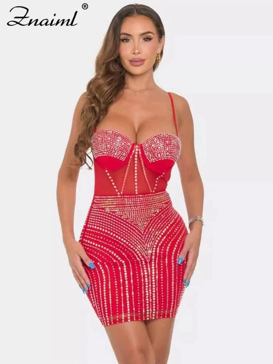Znaiml Luxury Women Red Mesh See Though Diamonds Spaghetti Strap Sleeveless Bodycon Mini Dress Sexy Birthday Night Club Vestidos