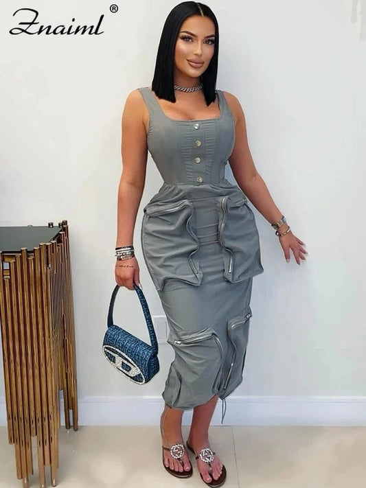 Znaiml Mult Pockets Patchwork Bodycon Mid Dress Woman Sleeveless Backless Zip Gray Cargo Dresses Birthday Club Party Vestidos