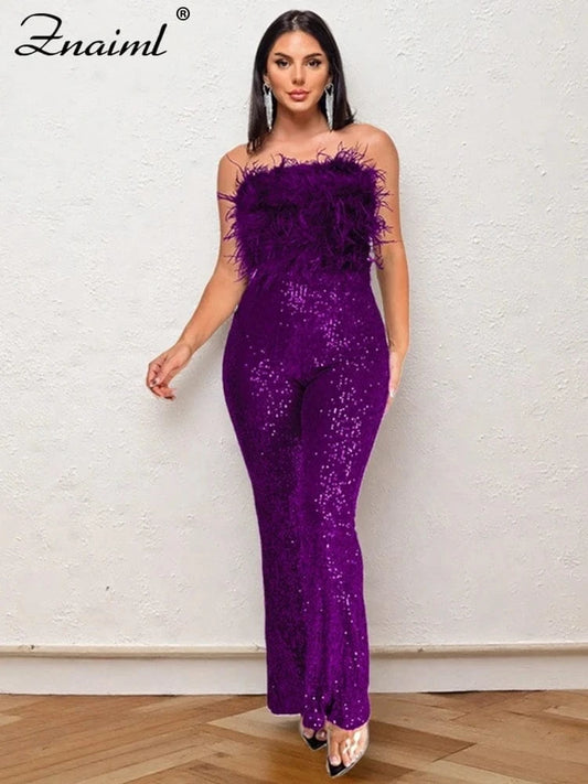 Znaiml New Luxury Sequins Jumpsuit with Colorful Feathers Sleeveless Shiny Dress Women's Evening Birathday One Pieces Rompers