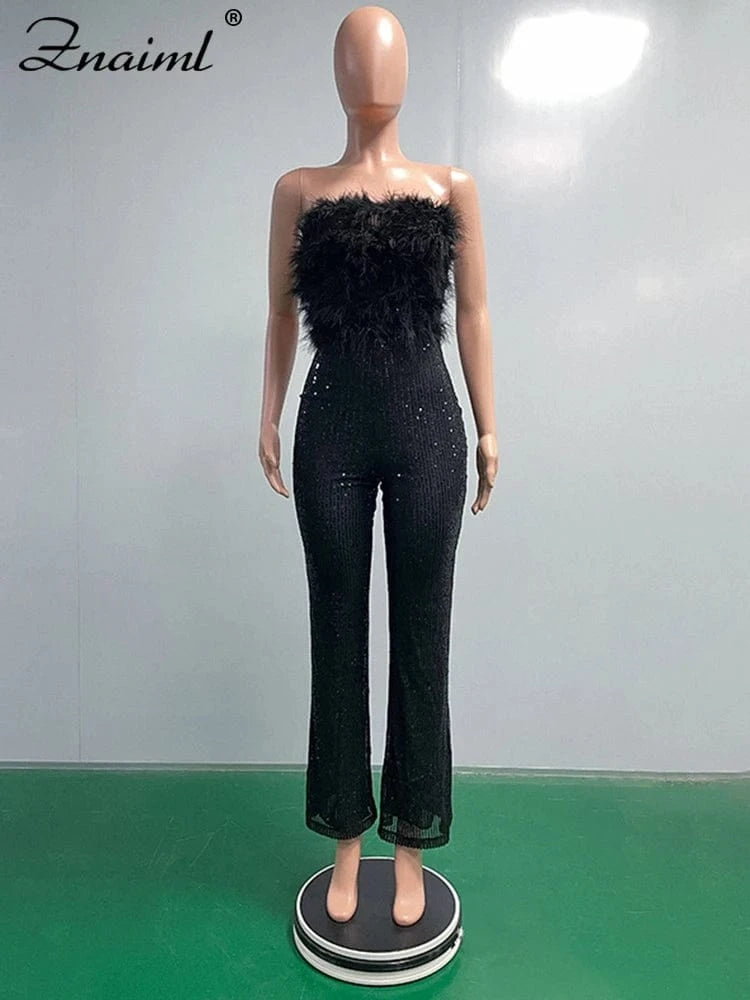 Znaiml New Luxury Sequins Jumpsuit with Colorful Feathers Sleeveless Shiny Dress Women's Evening Birathday One Pieces Rompers