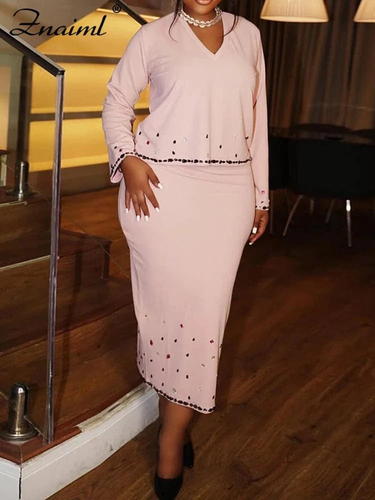 Znaiml Pink Diamonds Patchwork Two Piece Set for Women V-Neck Long Sleeve T-shirt Tops and Pencil Skirt Suit Casual Female New