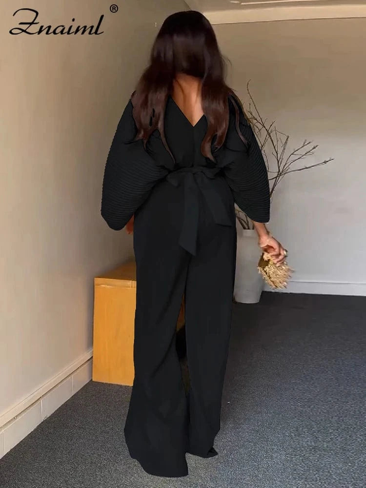 Znaiml Pleated Blouse V Neck Full Sleeve and Wide Leg Pants Women Loose 2 Pieces Sets Elegant Office Ladies African Outfits 2025