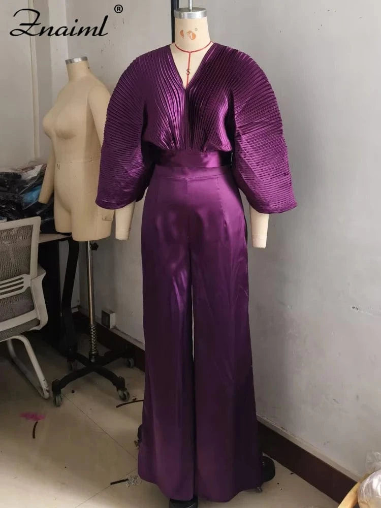 Znaiml Pleated Blouse V Neck Full Sleeve and Wide Leg Pants Women Loose 2 Pieces Sets Elegant Office Ladies African Outfits 2025