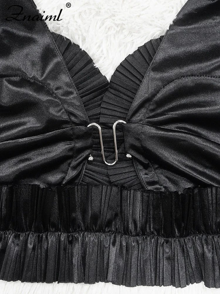 Znaiml Prom Gowns Formal Pleated Two 2 Pieces Women Crop Top and High Slit Skirt Set Ruffles Sexy Night Club Outfits Birthday