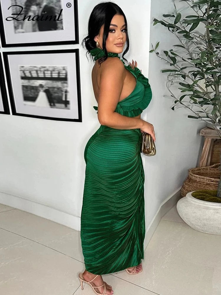 Znaiml Prom Gowns Formal Pleated Two 2 Pieces Women Crop Top and High Slit Skirt Set Ruffles Sexy Night Club Outfits Birthday